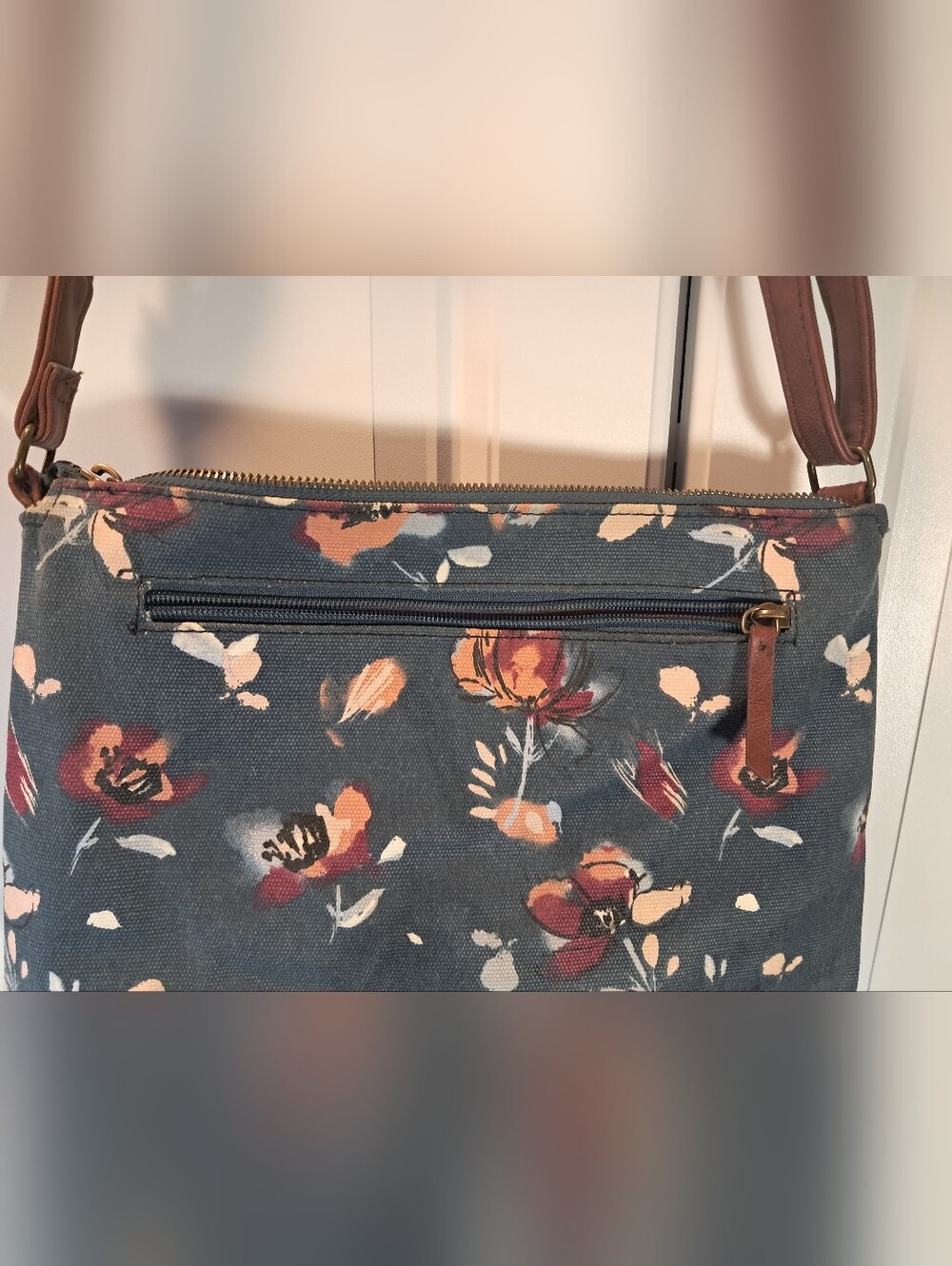 Floral Canvas Crossbody Bag with Brown Faux-Leather Flap - Picture 11 of 16